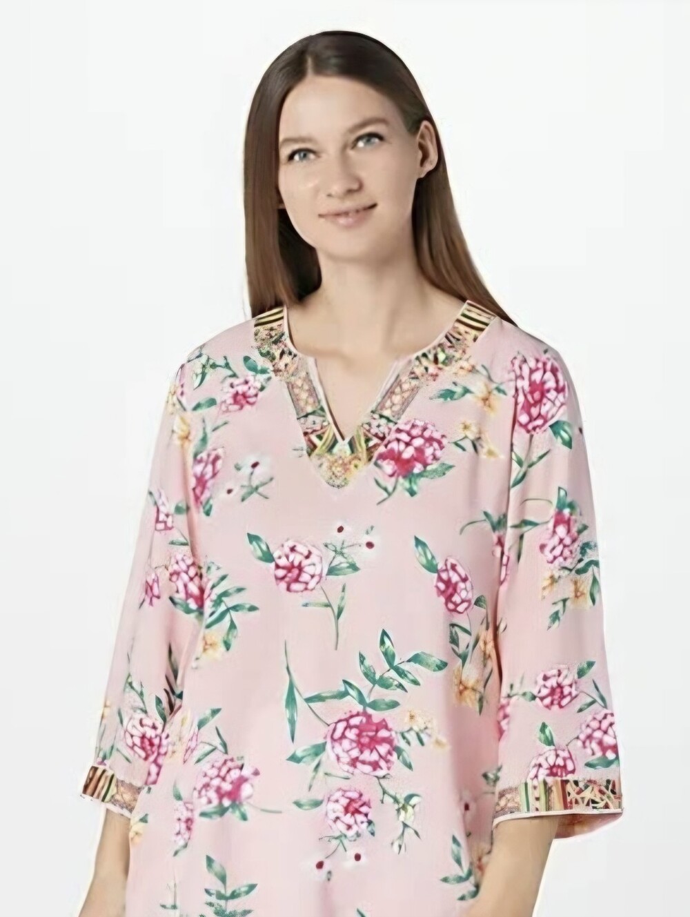 Belle Kim Gravel Boho Floral Embroidered V-Neck Tunic Top Beige  Pink Floral EUC